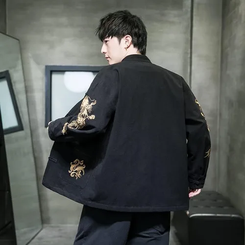 Vista 3 de SUNRISE LIGHTING Gold Dragon Embroidery - Chaqueta de lino y algodón retro para hombre con diseño de dragón dorado