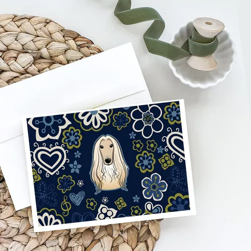 Vista 2 de Caroline's Treasures BB5095GCA7P - Tarjetas de felicitación y sobres con diseño de flores azules y sabuesos afganos, paquete de 8 tarjetas en blanco