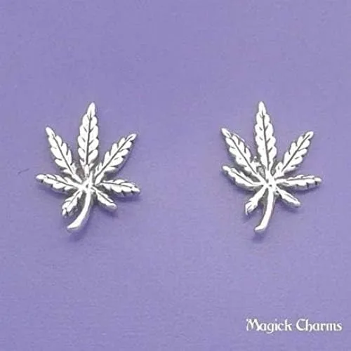 Vista 3 de Pendientes de plata de ley 925 con hojas de marihuana y cannabis, Plata de ley