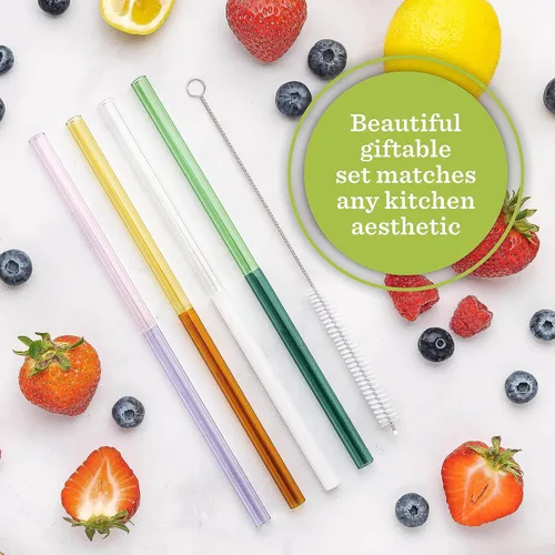 Vista 6 de Pajitas de vidrio – Dos colores – Juego de 5 unidades para beber jugos, batidos, aguas, resistentes a roturas, reutilizables, elegantes