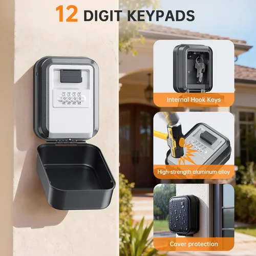 Vista 6 de Caja de Seguridad para Llaves con Diales Luminosos, Caja de Seguridad Impermeable para Montaje en Pared para Llaves con Código, Caja de Seguridad