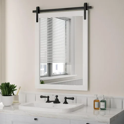 Vista 10 de Espejo Negro de Granja para Pared, Espejos Cuadrados de Baño con Marco de Madera de 18x26 Pulgadas para Tocador, Espejos Estilo Puerta de Granero
