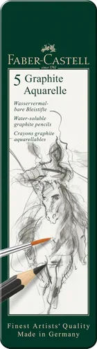 Vista 2 de Faber-Castell 5 lápices de acuarela de grafito solubles en agua de calidad en lata, incluyendo HB, 2B, 4B, 6B y 8B, gris
