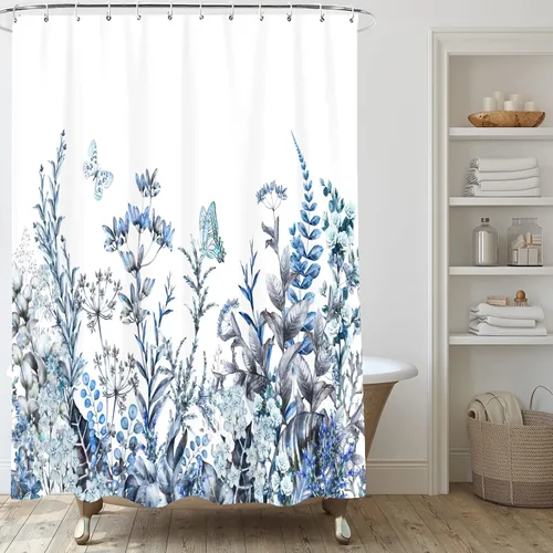Vista 3 de Cortina de ducha floral, juego de cortina de ducha con flores azules, cortinas de ducha botánicas de flores silvestres para baño, tela impermeable