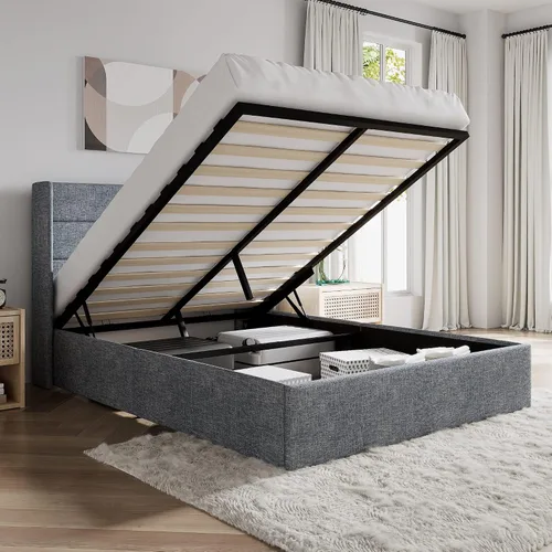 Vista 24 de SHA CERLIN Cama de Almacenamiento Elevable Tamaño Completo/Tapizada en Terciopelo/Cabecera Moderna Wingback/Marco de Cama Plataforma Negro