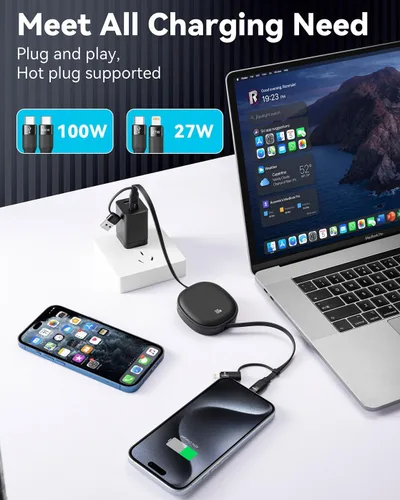 Vista 2 de Cable USB Tipo C Retráctil 5 en 1 de 100W, Paquete de 2 Cables de Carga Múltiple 5A Cable de Carga Rápida Cable USBC con USB A+C a L/C Accesorios