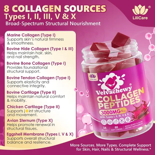Vista 8 de Gomitas de colágeno + masticables suaves de biotina de 3000 mg para mujeres y hombres, péptidos de colágeno ultra hidrolizados que aumentan tipo I