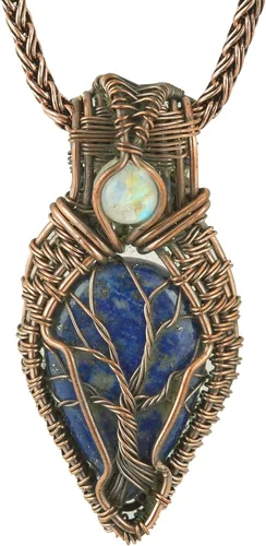 Vista 2 de Impresionante collar con colgante de árbol de la vida de cobre con piedras preciosas hechas a mano y cadena de 20 pulgadas, perfecto