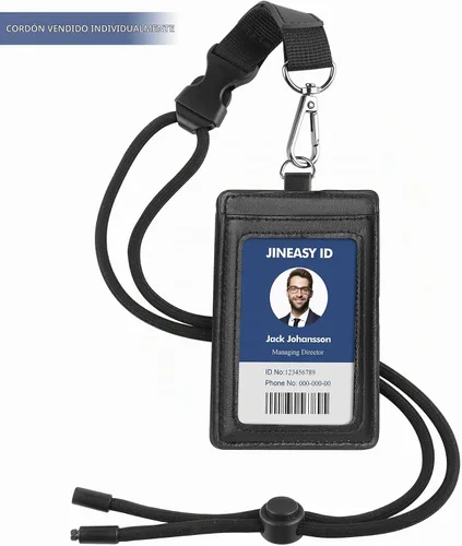 Vista 4 de JINEASY ID Soporte para tarjetas de identificación de cuero, soporte vertical para tarjetas de identificación, funda protectora de credencial negra