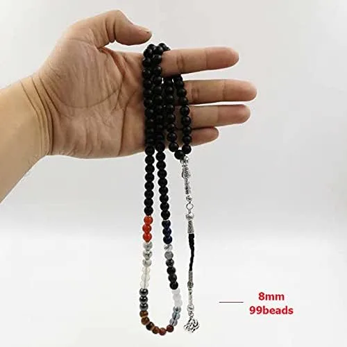 Vista 4 de Tasbih 99 cuentas, 12 tipos de piedras preciosas misbaha ágata lapislázuli, ojo de gato, etc (0.315 in x 99 cuentas)