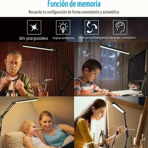 Vista 3 de Lámpara de escritorio LED con 3 modos de cuidado de los ojos, 10 brillo; lámpara flexible larga y ajustable con brazo oscilante para trabajadores