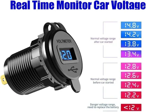 Vista 7 de Cargador de coche USB dual 3.0 de carga rápida de 12 V/24 V 36 W QC3.0 Cargador rápido USB dual toma de corriente de aluminio con voltímetro LED Azul