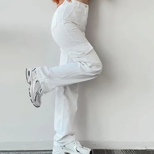Vista 3 de Women's Wide Leg Cargo Pants Button High Waist Wide Leg Cargo Trousers Solid Baggy Cargo Casual Pants with Pockets