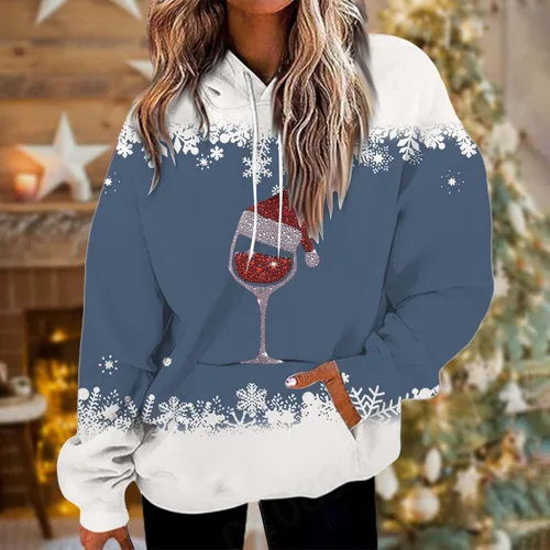 Vista 3 de ZJHANHGKK Christmas T Shirts for Women Santa Hat Graphic Xmas Color Block Long Sleeve Tops Loose Fit Pullover Hoodies