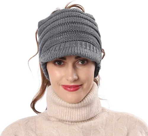 Vista 4 de FORBUSITE Gorro de punto cálido para mujer con diseño de cola de caballo para coleta, gorro B085