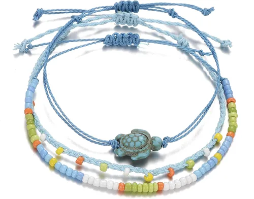 Vista 5 de Softones Tobilleras de cuerda boho para mujer, impermeables, ajustables, trenzadas, para mujer, tortuga, onda, cuentas, infinito, estrella de mar