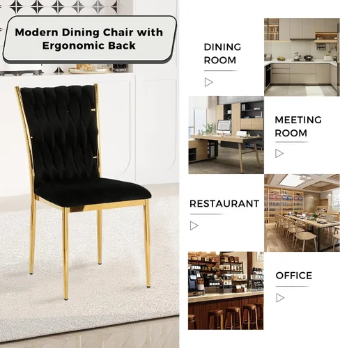 Vista 8 de Juego de 2 sillas de comedor de terciopelo, modernas sillas de cocina tejidas con patas de metal dorado, cojín tapizado con respaldo alto