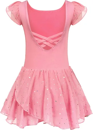 Vista 21 de Arshiner - Vestido de baile de ballet con mangas con volantes, leotardo de tutú con ruedo para niñas Lila