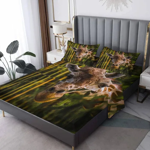 Vista 9 de Juego de sábanas de jirafa tamaño individual, sábanas de animales, microfibra suave, bolsillo profundo, sábanas y fundas de almohada estampadas sin