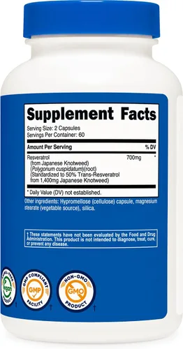 Vista 5 de Nutricost Resveratrol 0.017 onzas; 120 Cápsulas – 50% Trans-Resveratrol, 1 botella, 1