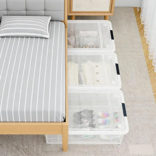 Vista 5 de Caja de almacenamiento de plástico transparente de 25 cuartos de galón con ruedas, caja de almacenamiento debajo de la cama, paquete de 3
