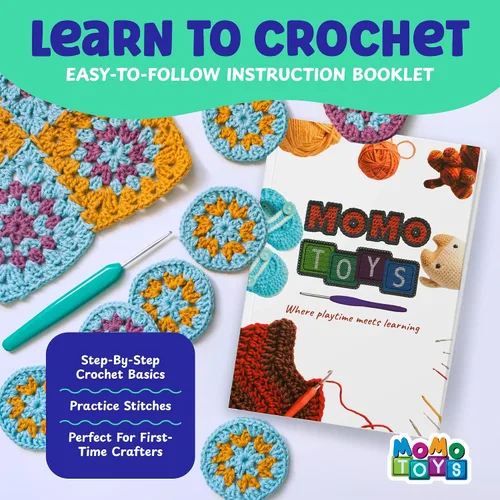 Vista 3 de MOMOTOYS Kit de 80 piezas para aprender a ganchillo para principiantes, adultos y niños, 20 hilos para ganchillo, bolsa de viaje de mezclilla, libro