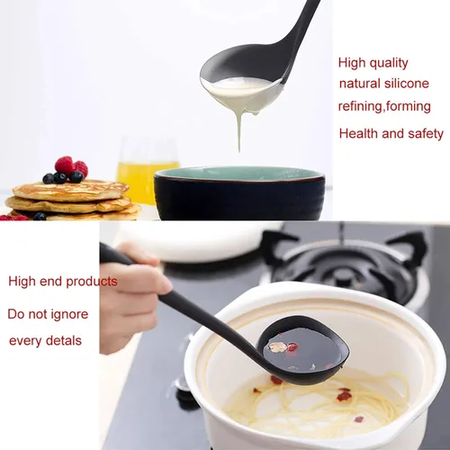 Vista 5 de Juego de 2 cucharones de silicona para sopa, antiadherentes, resistentes al calor, mango largo, irrompible, grande, redonda, para cocina en casa