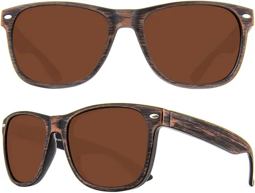 Vista 12 de MAXJULI Gafas de sol polarizadas para cabezas grandes, hombres y mujeres, protección UV 400, lentes de sol de grano de madera 8809 B1.negro/gris