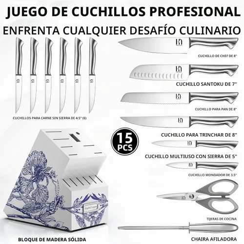 Vista 6 de Juego de cuchillos de cocina KnifeSaga - Juego de bloque de cuchillos Phantom Iris X5 - Rendimiento de primer nivel, juego de 15 piezas de cuchillos