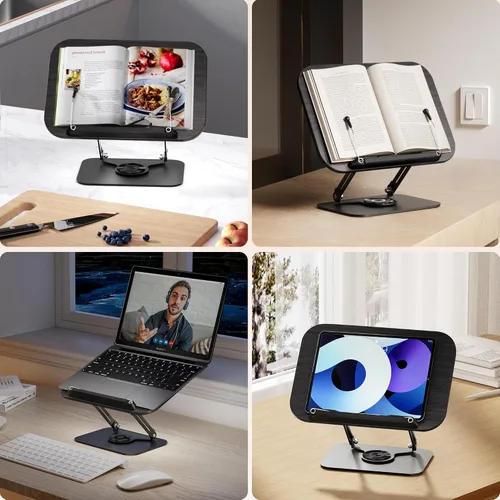 Vista 3 de SupeDesk Soporte de Libros para Lectura, Soporte de Libros Ajustable con Bases Giratorias de 360°, Diseños Plegables y Clips Elásticos, Soporte