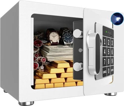 Vista 10 de Caja fuerte pequeña para el hogar, 6.7 pulgadas de profundidad x 9 pulgadas de ancho x 6.7 pulgadas de alto, caja de seguridad electrónica con Negro