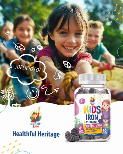 Vista 6 de SUNNY SAM Gomitas de hierro para niños y adolescentes - 10 mg de vitaminas de hierro con vitamina C - Suplemento masticable de gomitas con bajo