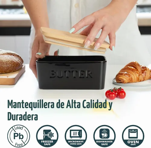 Vista 3 de PriorityChef Plato de Mantequilla Extra Grande con Tapa para Encimera, Envase de Mantequilla de Cerámica con Cubierta Hermética, Soporte de Negro