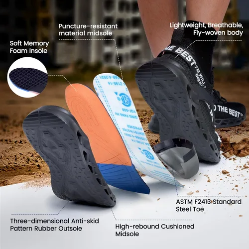 Vista 4 de Furuian - Tenis con punta de acero para hombres y mujeres, zapatos de seguridad ligeros, cómodos, a prueba de pinchazos, zapatos de trabajo