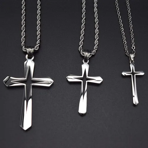 Vista 4 de Caiyao Collares de acero inoxidable con colgante de cruz de estrella hueca, hipoalergénicos, cruz hueca, de plata fresca, para mujeres, hombres