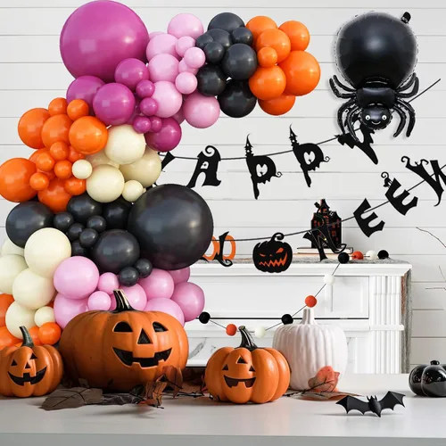 Vista 5 de Kit de guirnalda de globos de Halloween, kit de arco de globos de Halloween negro, naranja, rosa, con globo amarillo pastel, araña, fantasma
