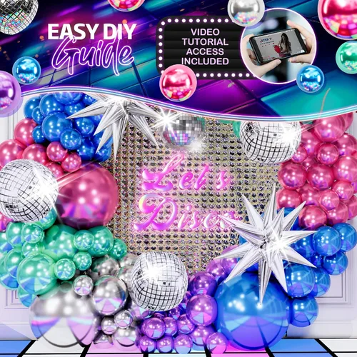 Vista 6 de Kit de Arco de Globos de Discoteca TODO EN 1 con Bolas de Discoteca y Destellos Estelares ADICIONALES para Decoraciones de Fiesta de Discoteca - Kit