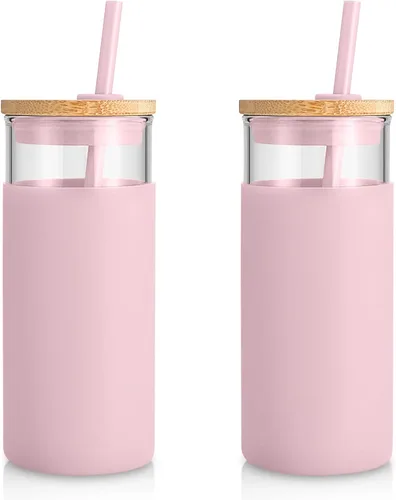Vista 24 de Tronco Vaso de vidrio de 20 onzas con tapa y popote, taza de café helado y vaso para batido con tapas de bambú y funda protectora de silicona, apto