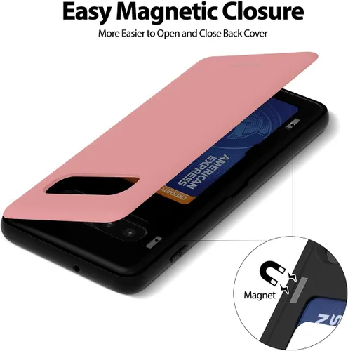 Vista 4 de GOOSPERY Funda magnética con parachoques para puerta compatible con Galaxy S10 Plus, estuche tipo billetera con soporte para tarjetas, cierre Rosado