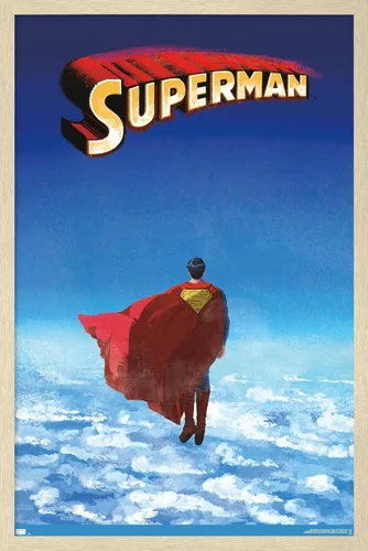 Vista 7 de DC Comics Superman - Póster de pared de nubes de horizonte, 22.4 pulgadas de largo x 14.7 pulgadas de ancho, versión enmarcada de madera de granero