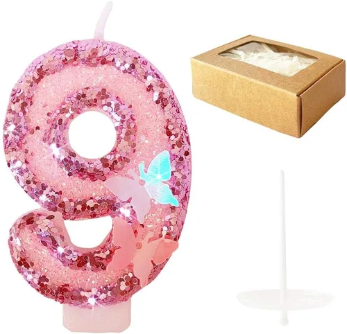 Vista 10 de Velas de cumpleaños número 4, velas de pastel de feliz cumpleaños con purpurina rosa hecha a mano rosado
