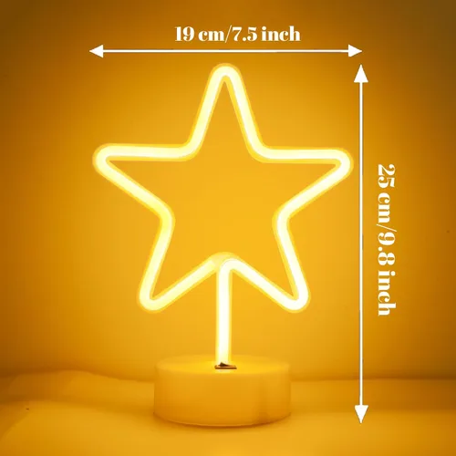 Vista 6 de ENUOLI Lámpara de luz LED de neón en forma de estrella blanca cálida con base, funciona con pilas y USB, letrero de neón LED en forma de estrella