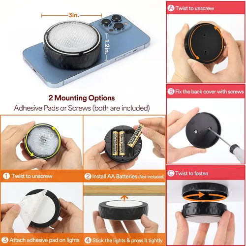 Vista 5 de Luces LED de disco con control remoto, luces inalámbricas de armario que funcionan con pilas, luces debajo del gabinete, luces de empuje, luces que