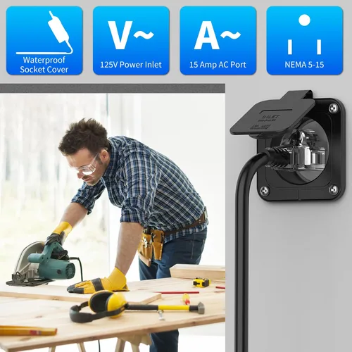 Vista 7 de BEBOBLY Entrada de 15 amperios, entrada de alimentación de 125 V con cubierta impermeable, 2 polos y 3 cables macho receptáculo de entrada