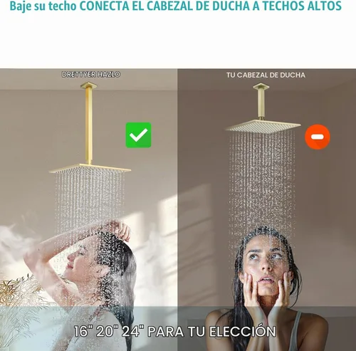 Vista 2 de Brazo de ducha dorado cepillado con brida y cinta de teflón para techo alto o cabezal de ducha fijo de lluvia, conexión universal, tubo de extensión