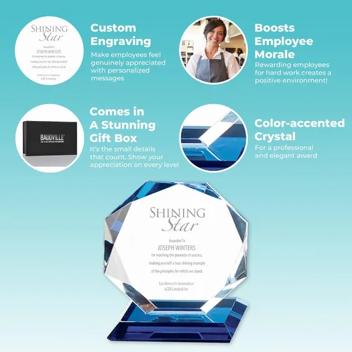 Vista 4 de Baudville Grabado personalizado, trofeo octágono luminoso resaltado azul, premio de cristal, grabado personalizado de hasta tres líneas y selección