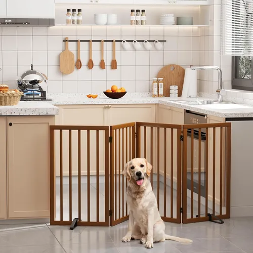 Vista 25 de Semiocthome Puertas de bambú para perros para interiores, puertas independientes de 2 paneles para cachorros para la casa con 2 soportes de metal