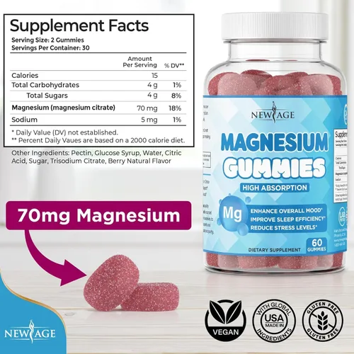 Vista 2 de Gomitas de magnesio - Gomitas calmantes antiestrés, suplemento de magnesio para adultos y niños, veganas, sin gelatina, sin gluten, sin OMG