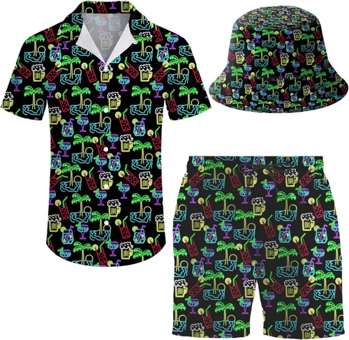 Vista 19 de Conjunto deportivo de 2 piezas para hombre, camisa hawaiana, pantalones cortos, camisa con botones y pantalones cortos con sombreros de pescador