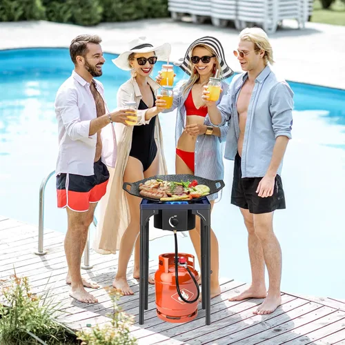 Vista 6 de Outvita Estufa de camping de gas portátil de 75,000 BTU, quemador de propano para exteriores con regulador de 20 psi, cocinilla individual de alta
